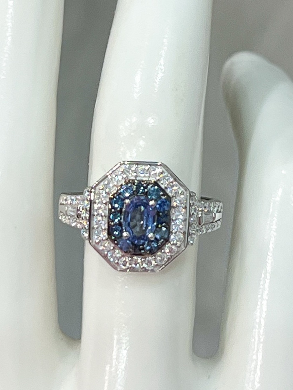 Ceylon Blue Sapphire &Moissanite Sterling Silver Double Halo Ring Sz 8 - Picture 7 of 12